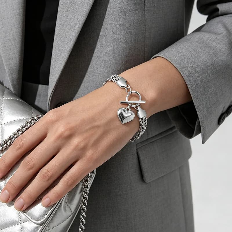 Stainless Steel Heart Charm Bracelet Bangle