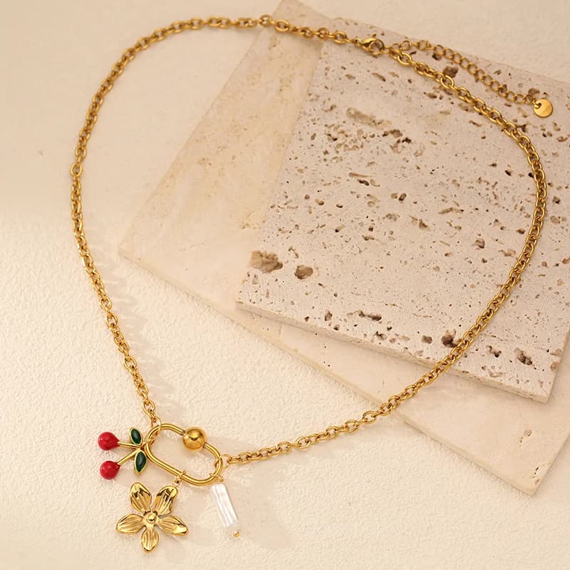 Flower Cherry Pearl Pendant Necklace