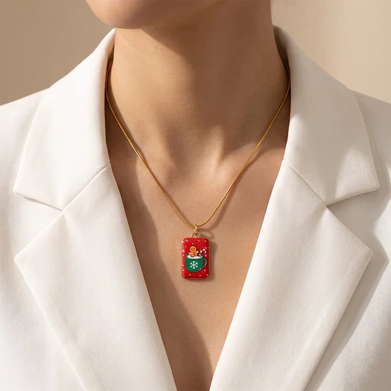 Cartoon Snowman and Tree Pendant Necklace