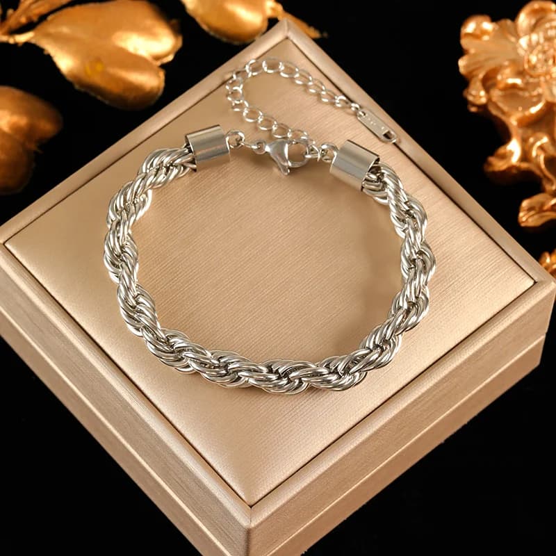 Silver Color Chain Bangle Bracelet, Stainless Steel