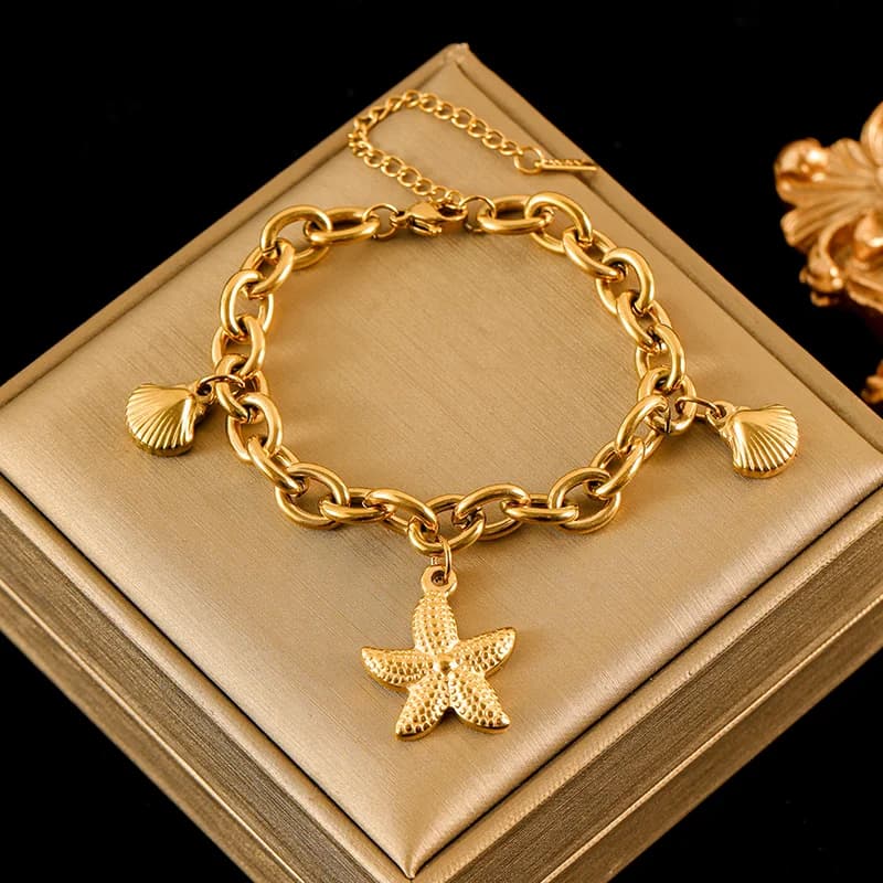 Golden Sun Moon Starfish Charm Bracelet