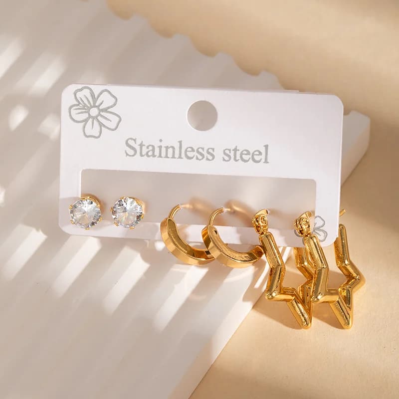 3-Pair Round Gold Hoop Earring Set