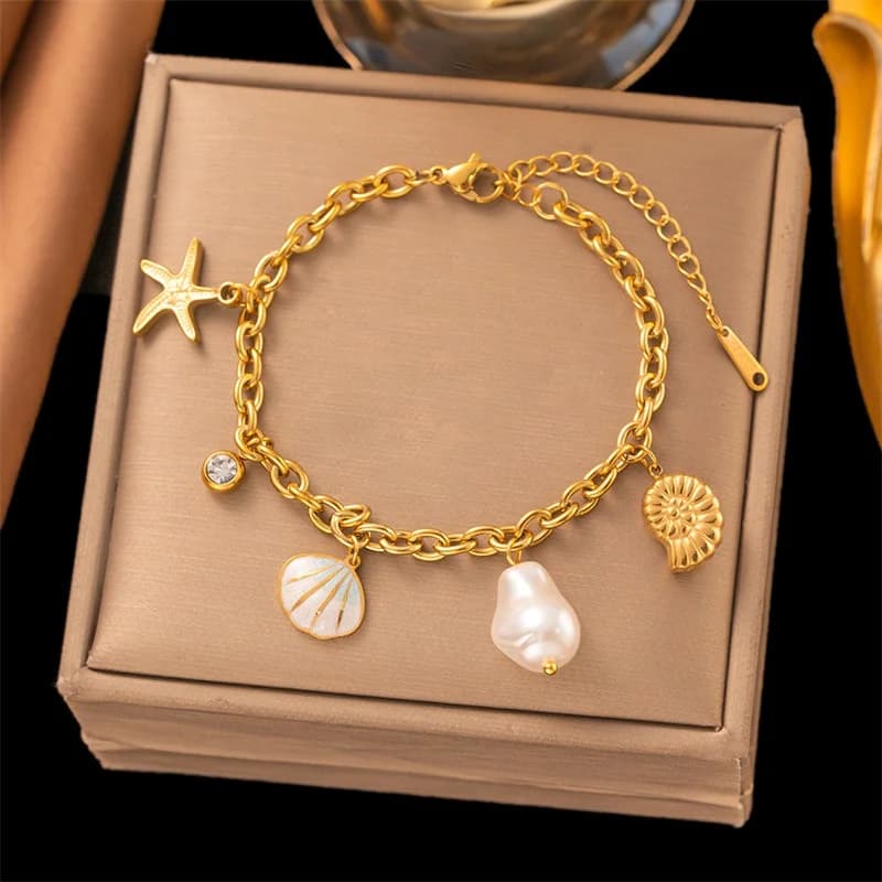 Starfish and Shell Charm Bracelet with Cord Chain