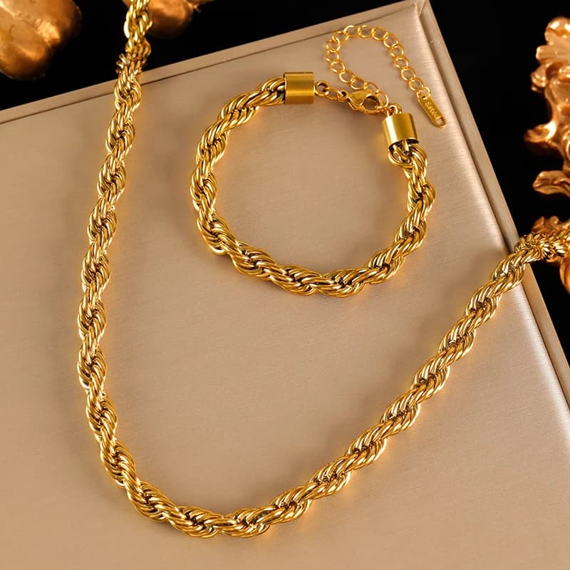 Sett med tykk twist-kjede halskjede og armbånd, 8 mm