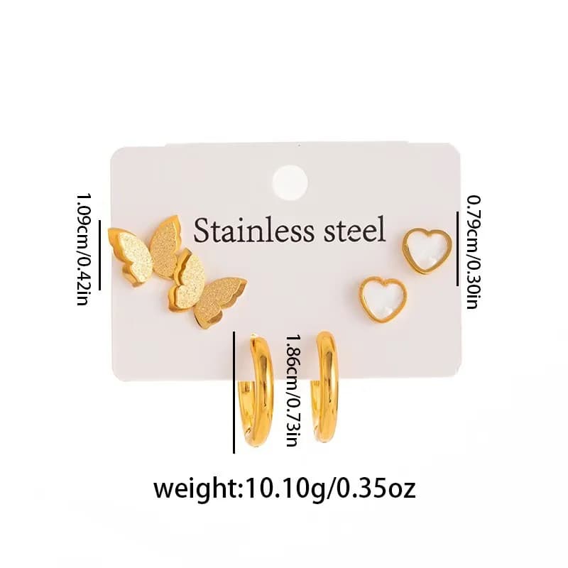 3-Pair Butterfly Heart Hoop Stud Earring Set