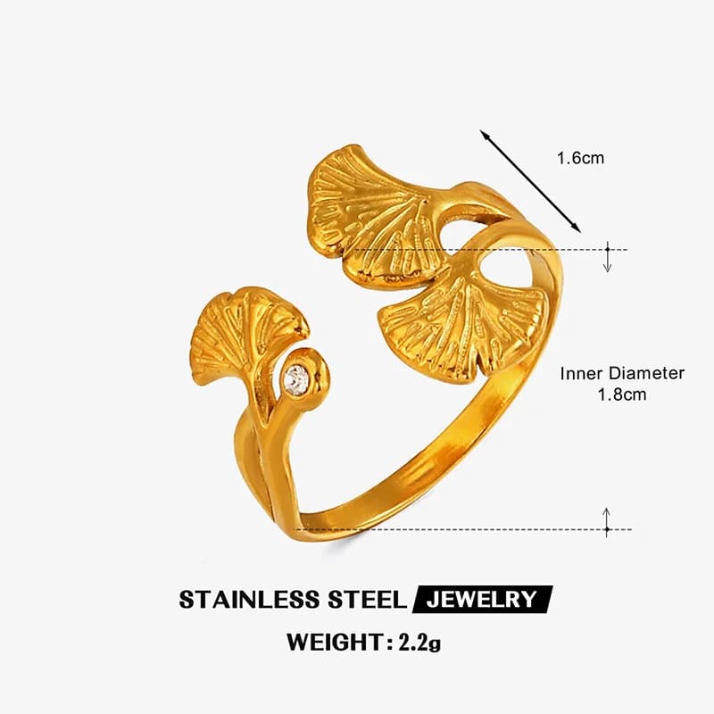 Justerbart ring med ginkgo-blad og zirkonia, rustfritt stål