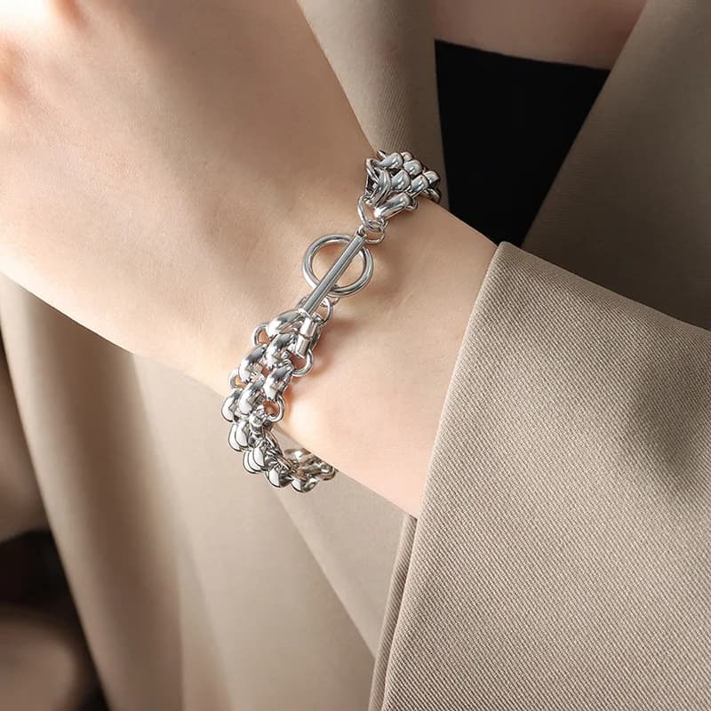 Silver Color Chain Bangle Bracelet, Stainless Steel