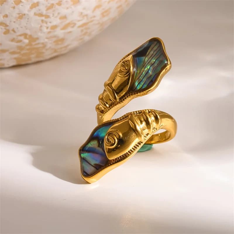 Abalone Shell Adjustable Open Ring, Stainless Steel