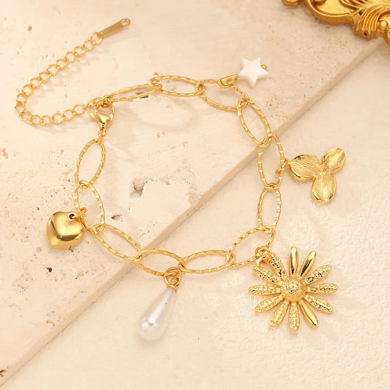 Blomster Perle Charm Fiskebens Armbånd, 18K Gull