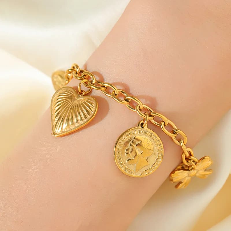 Hjerte sol charm armbånd, gull, PVD-belegg