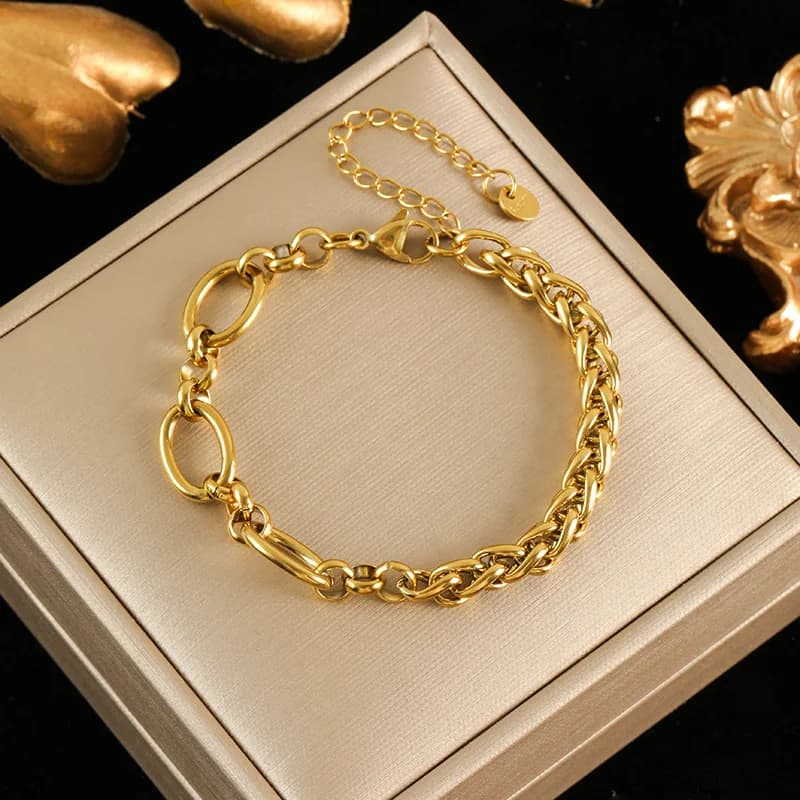Asymmetrisk kjede halskjede og armbåndsett, gullfarget